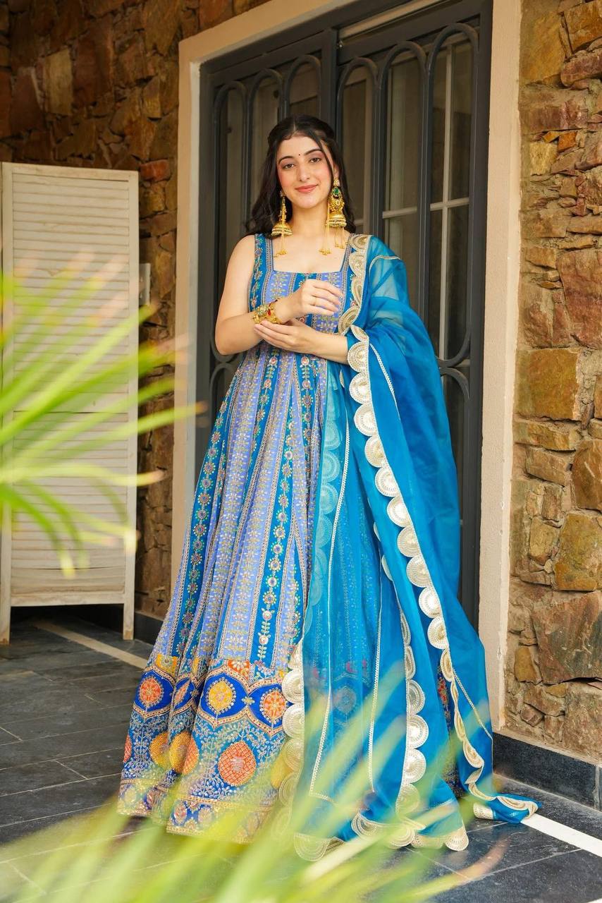 Blue Exclusive Jimmy Organza Silk Anarkali Gown with Dupatta