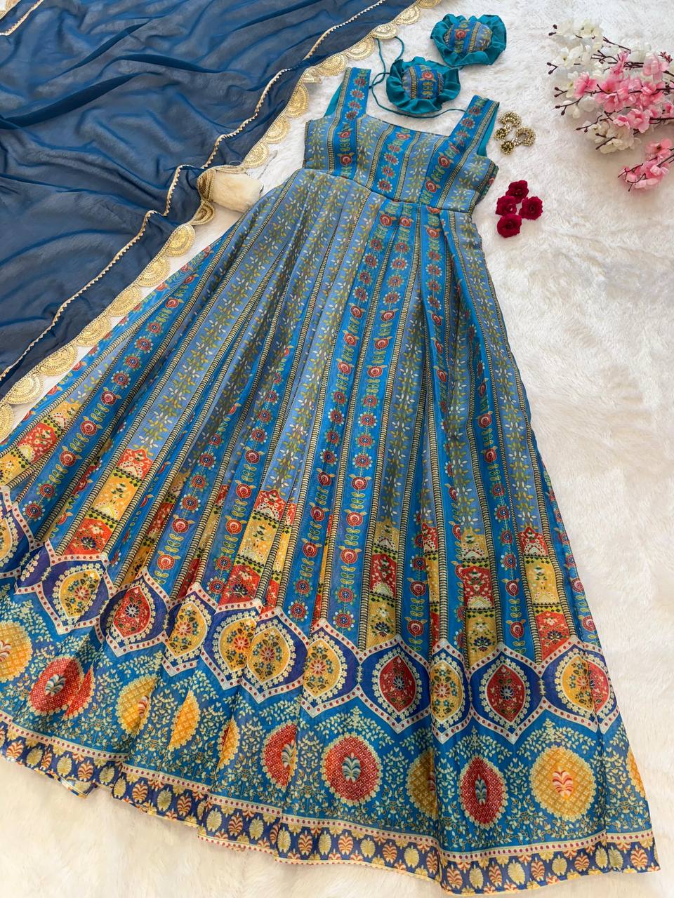 Blue Exclusive Jimmy Organza Silk Anarkali Gown with Dupatta