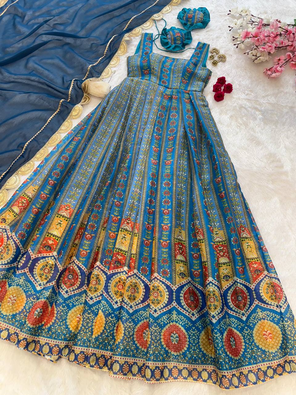 Blue Exclusive Jimmy Organza Silk Anarkali Gown with Dupatta