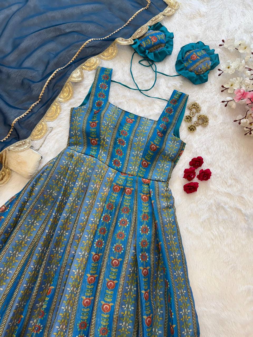 Blue Exclusive Jimmy Organza Silk Anarkali Gown with Dupatta