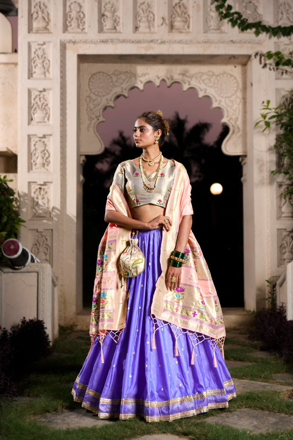 Blue Exquisite Jacquard Silk Paithani Lehenga with Zari Weaving Work & Matching Batwa