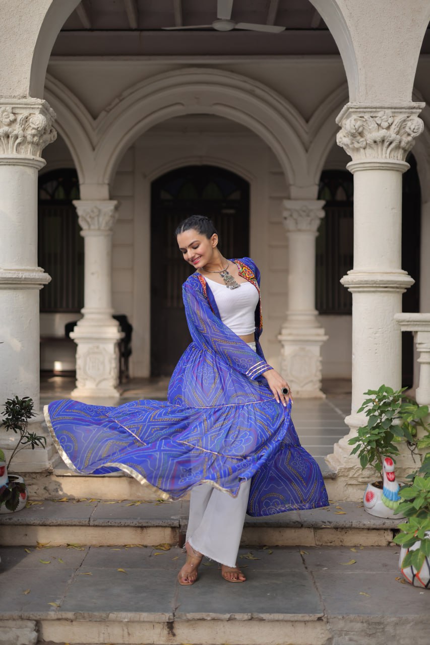 Blue Faux Georgette Bandhani Shrug with Kutchi Patchwork