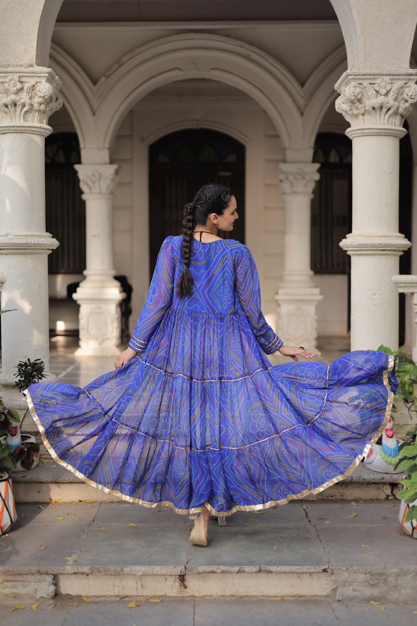 Blue Faux Georgette Bandhani Shrug with Kutchi Patchwork