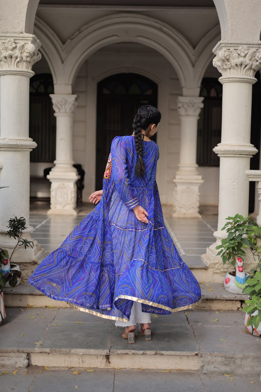 Blue Faux Georgette Bandhani Shrug with Kutchi Patchwork