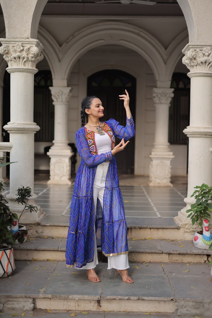 Blue Faux Georgette Bandhani Shrug with Kutchi Patchwork