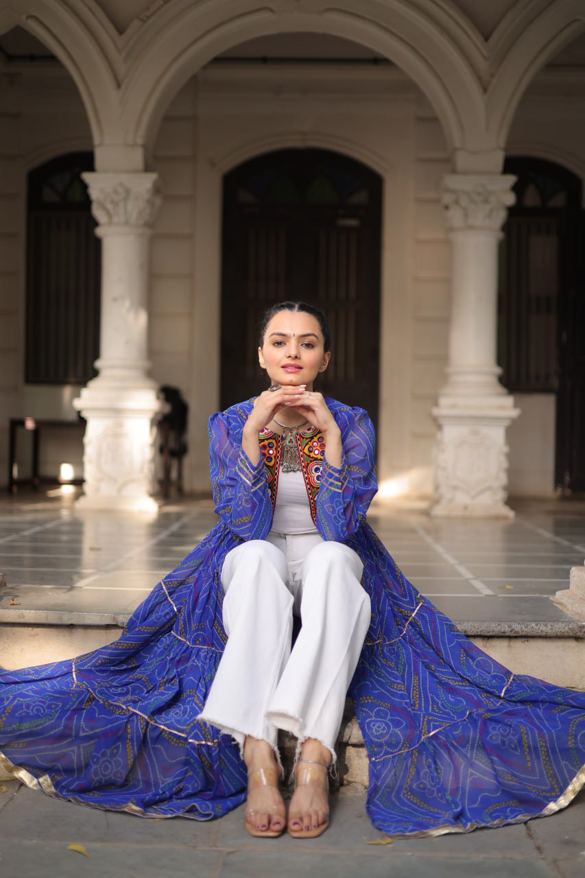 Blue Faux Georgette Bandhani Shrug with Kutchi Patchwork