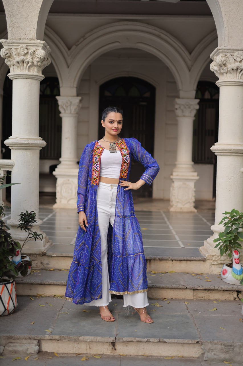 Blue Faux Georgette Bandhani Shrug with Kutchi Patchwork