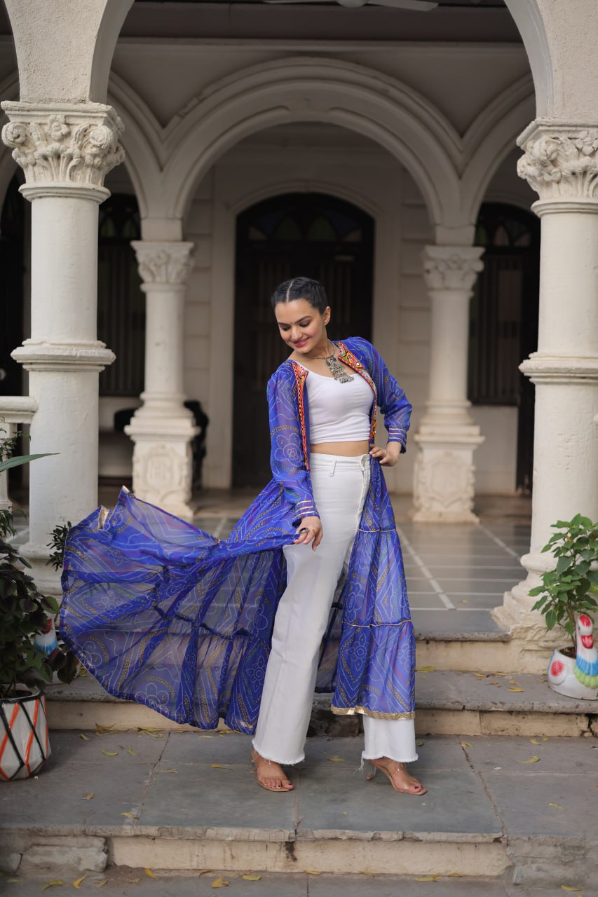 Blue Faux Georgette Bandhani Shrug with Kutchi Patchwork