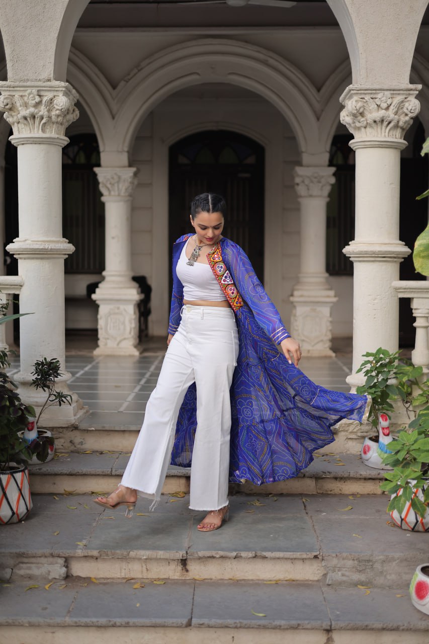 Blue Faux Georgette Bandhani Shrug with Kutchi Patchwork