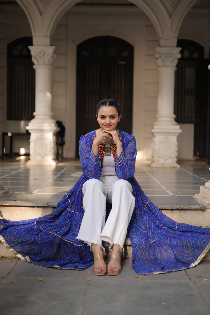 Blue Faux Georgette Bandhani Shrug with Kutchi Patchwork