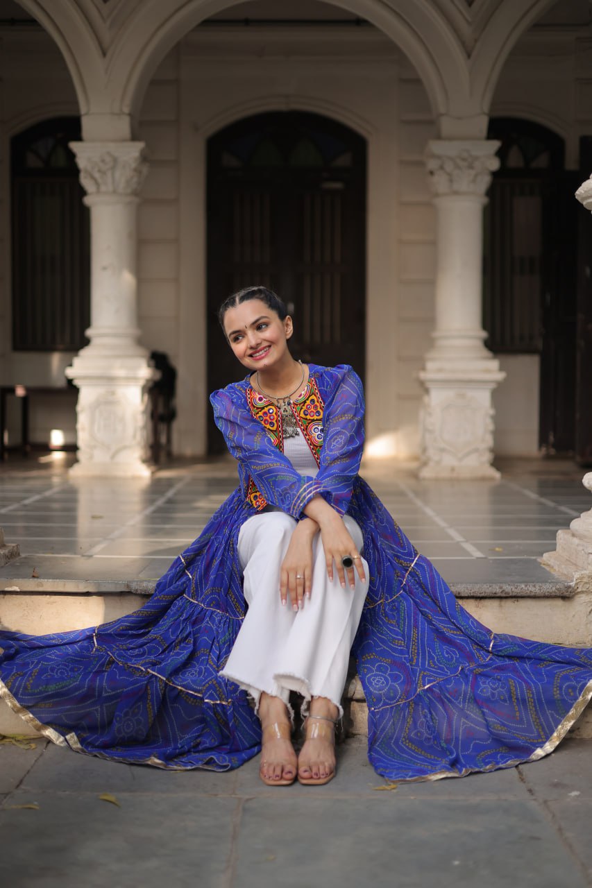 Blue Faux Georgette Bandhani Shrug with Kutchi Patchwork