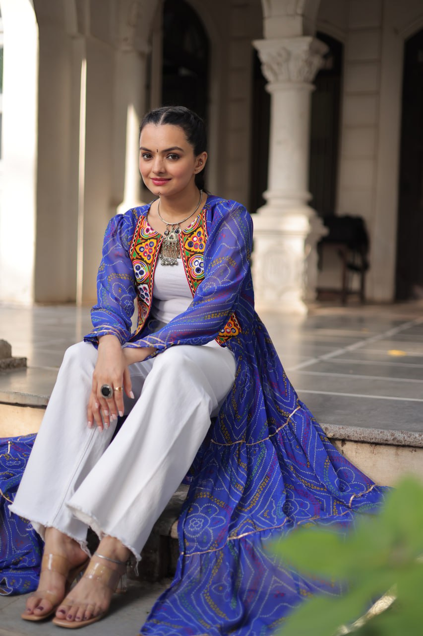 Blue Faux Georgette Bandhani Shrug with Kutchi Patchwork