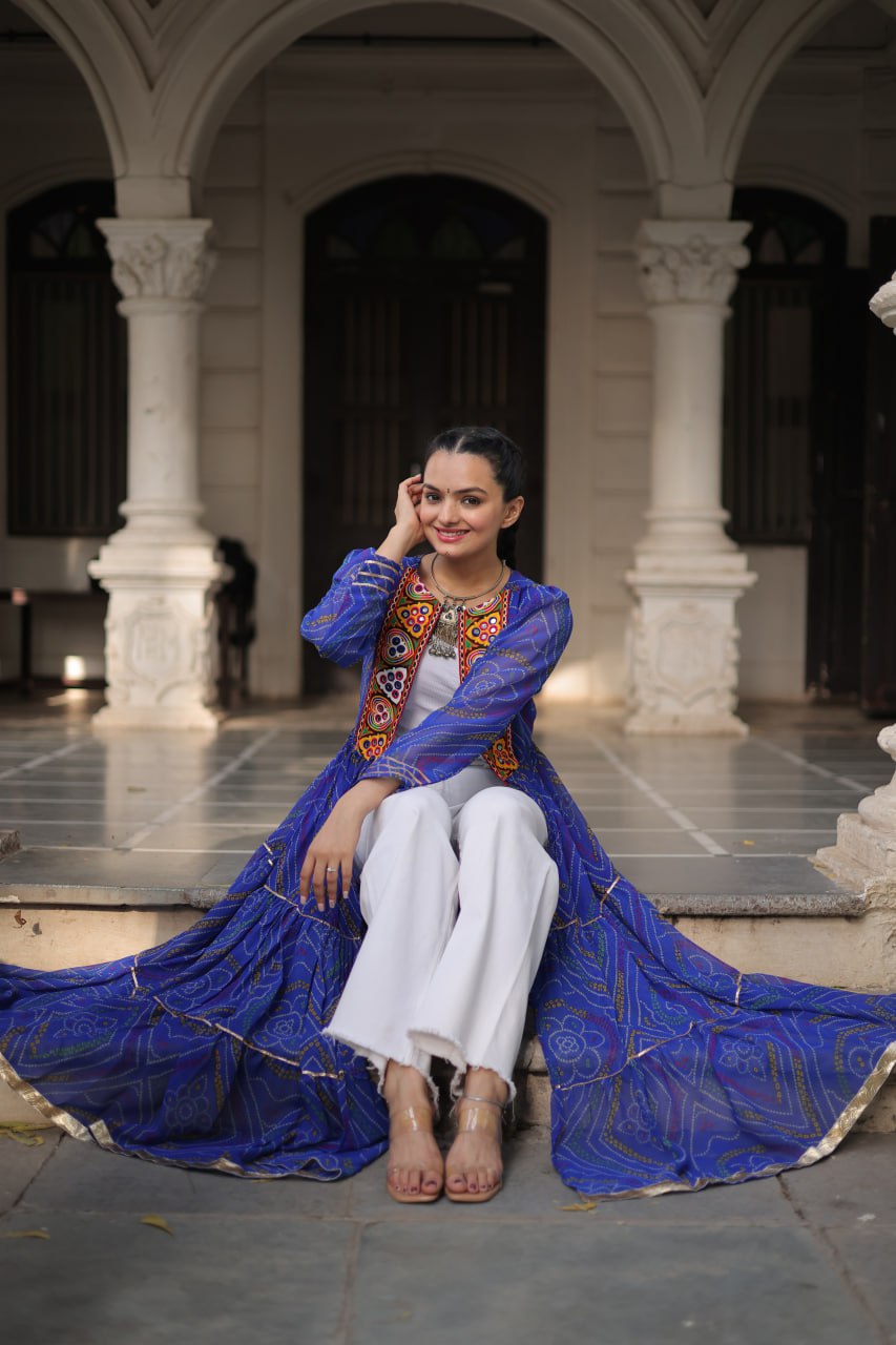 Blue Faux Georgette Bandhani Shrug with Kutchi Patchwork
