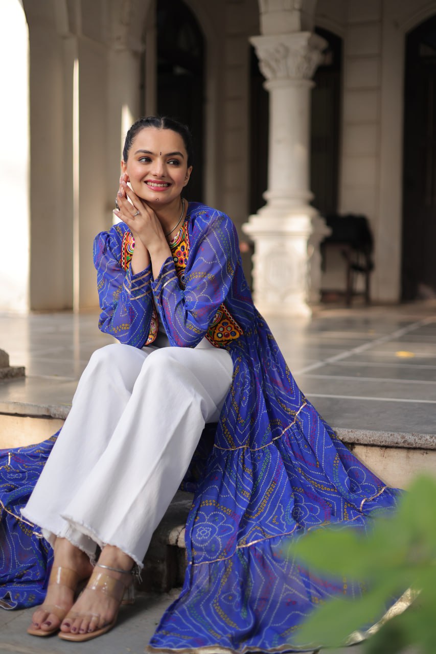 Blue Faux Georgette Bandhani Shrug with Kutchi Patchwork