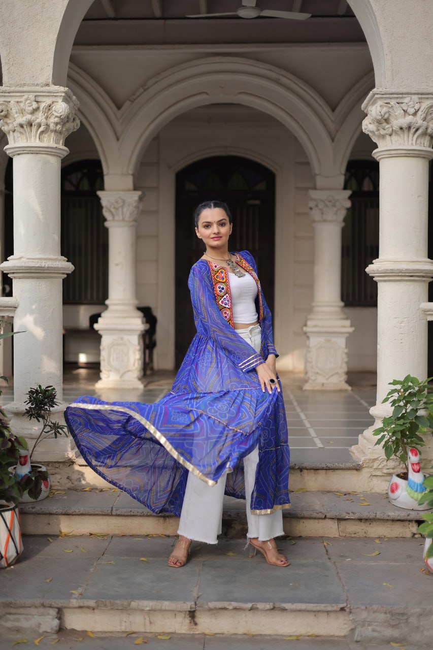 Blue Faux Georgette Bandhani Shrug with Kutchi Patchwork