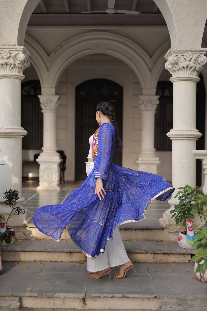 Blue Faux Georgette Bandhani Shrug with Kutchi Patchwork