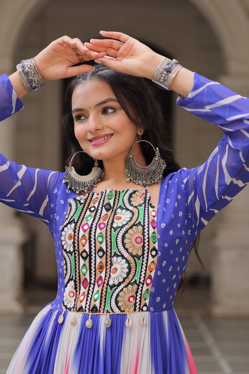 Blue Faux Georgette Bandhej Print Gown with Gamthi Embroidery & Mirror Work