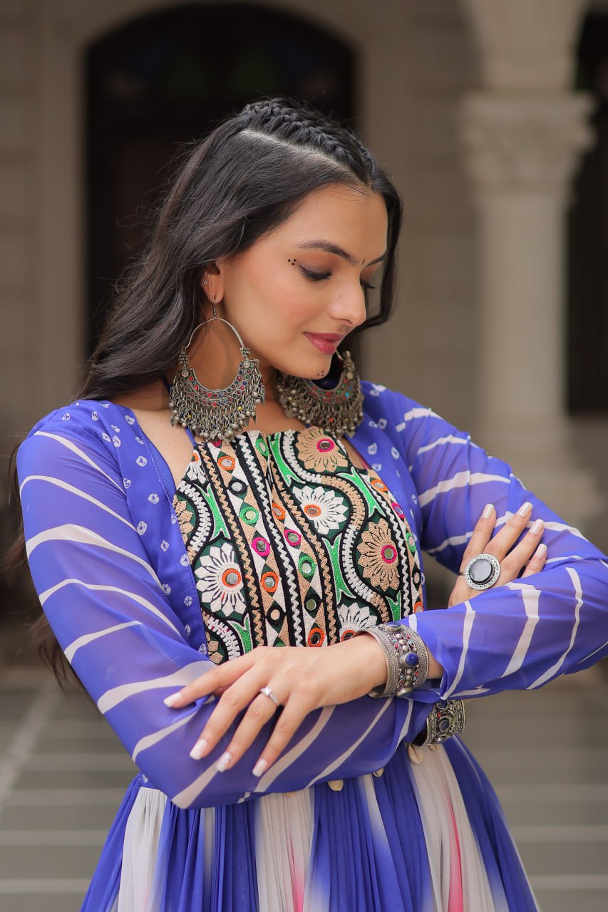 Blue Faux Georgette Bandhej Print Gown with Gamthi Embroidery & Mirror Work