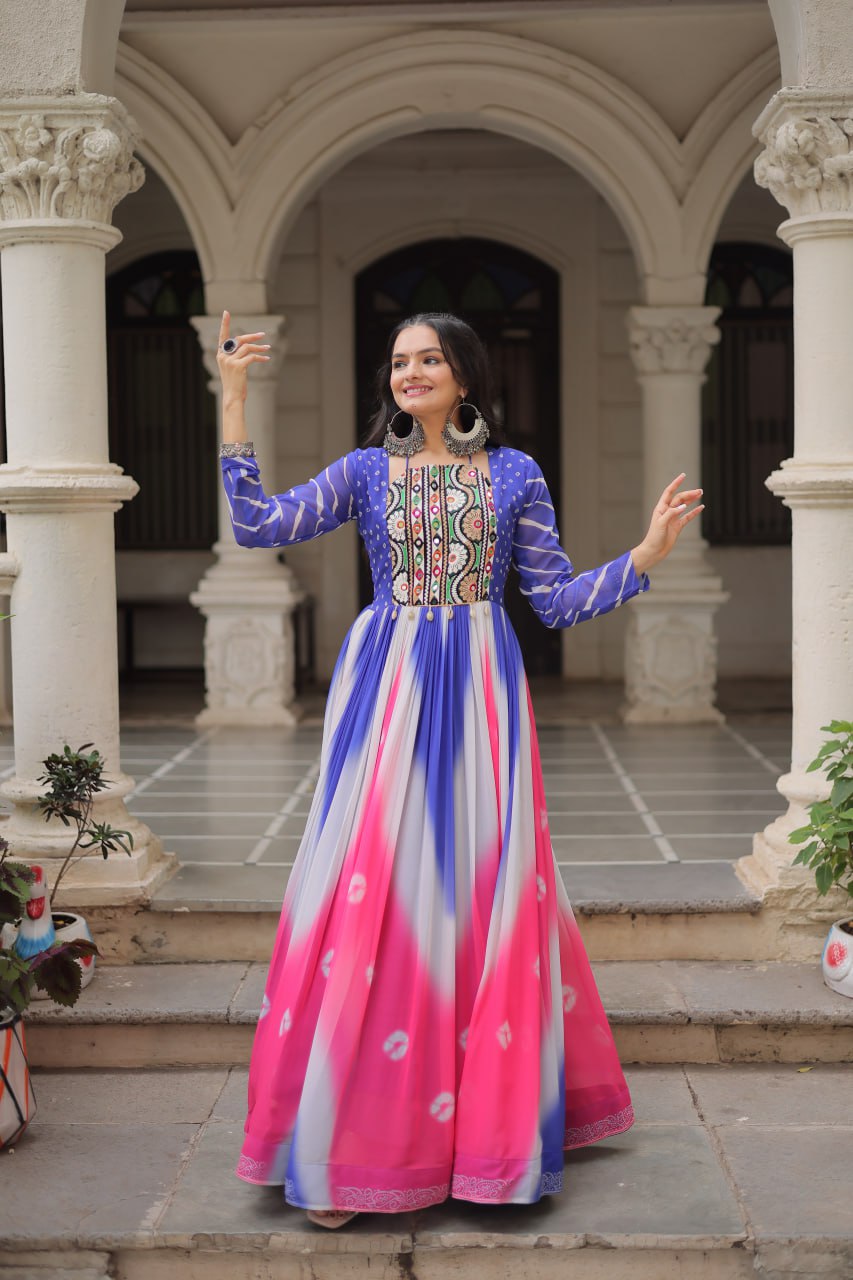 Blue Faux Georgette Bandhej Print Gown with Gamthi Embroidery & Mirror Work
