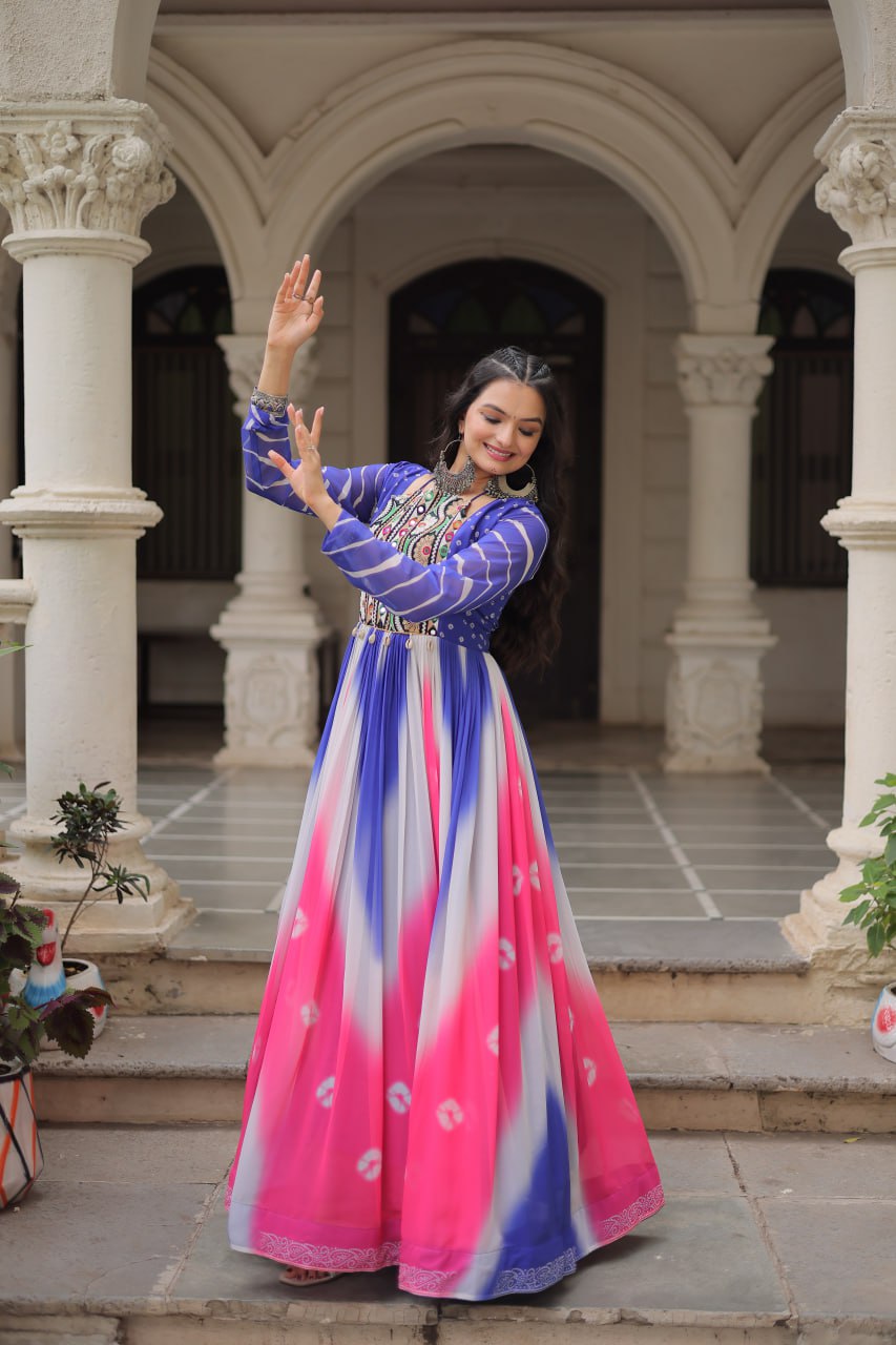 Blue Faux Georgette Bandhej Print Gown with Gamthi Embroidery & Mirror Work