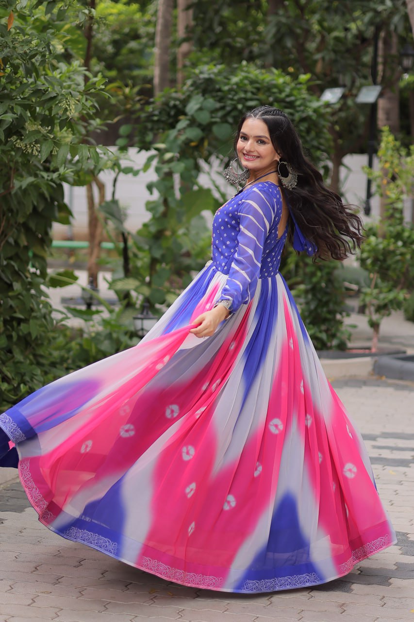 Blue Faux Georgette Bandhej Print Gown with Gamthi Embroidery & Mirror Work