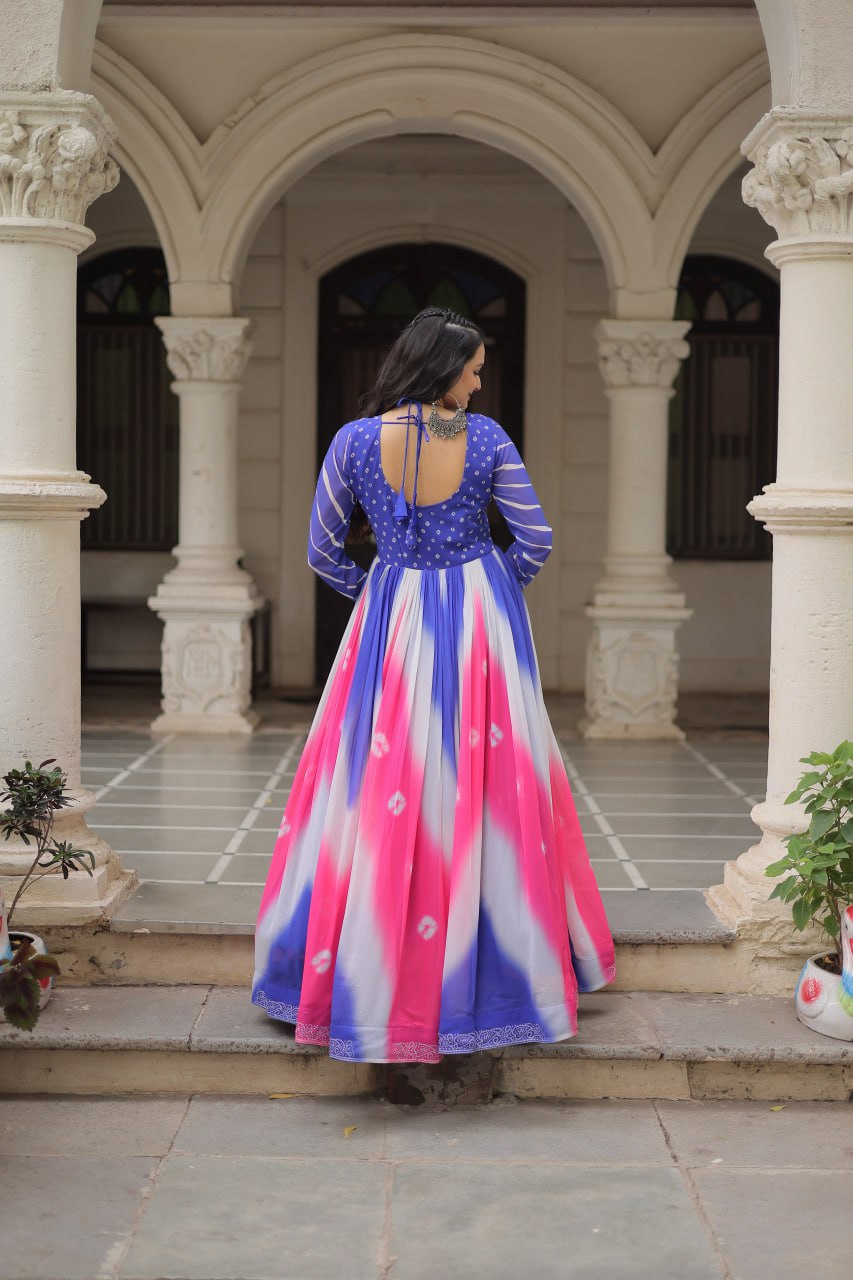 Blue Faux Georgette Bandhej Print Gown with Gamthi Embroidery & Mirror Work