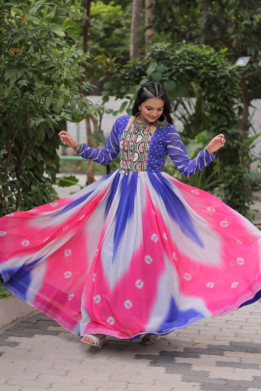 Blue Faux Georgette Bandhej Print Gown with Gamthi Embroidery & Mirror Work
