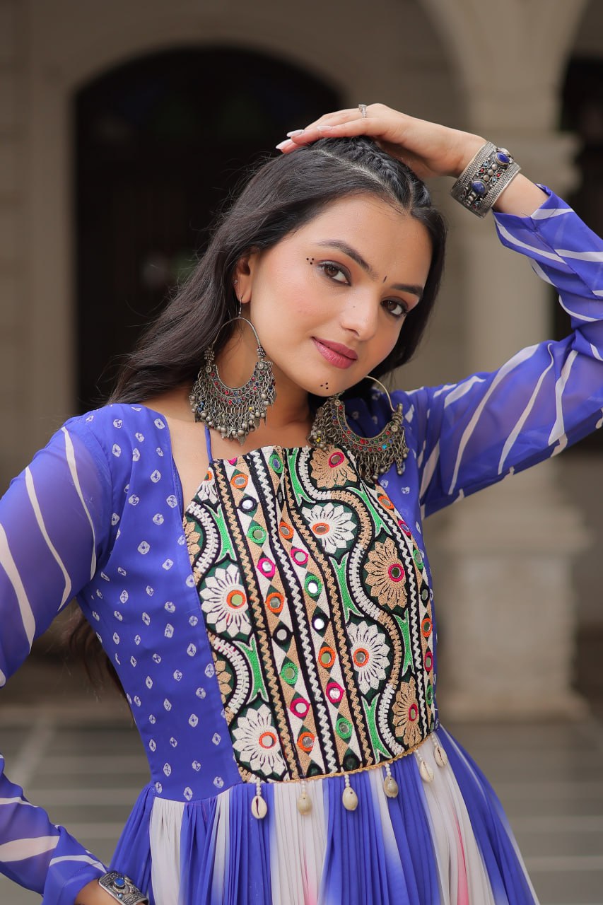 Blue Faux Georgette Bandhej Print Gown with Gamthi Embroidery & Mirror Work