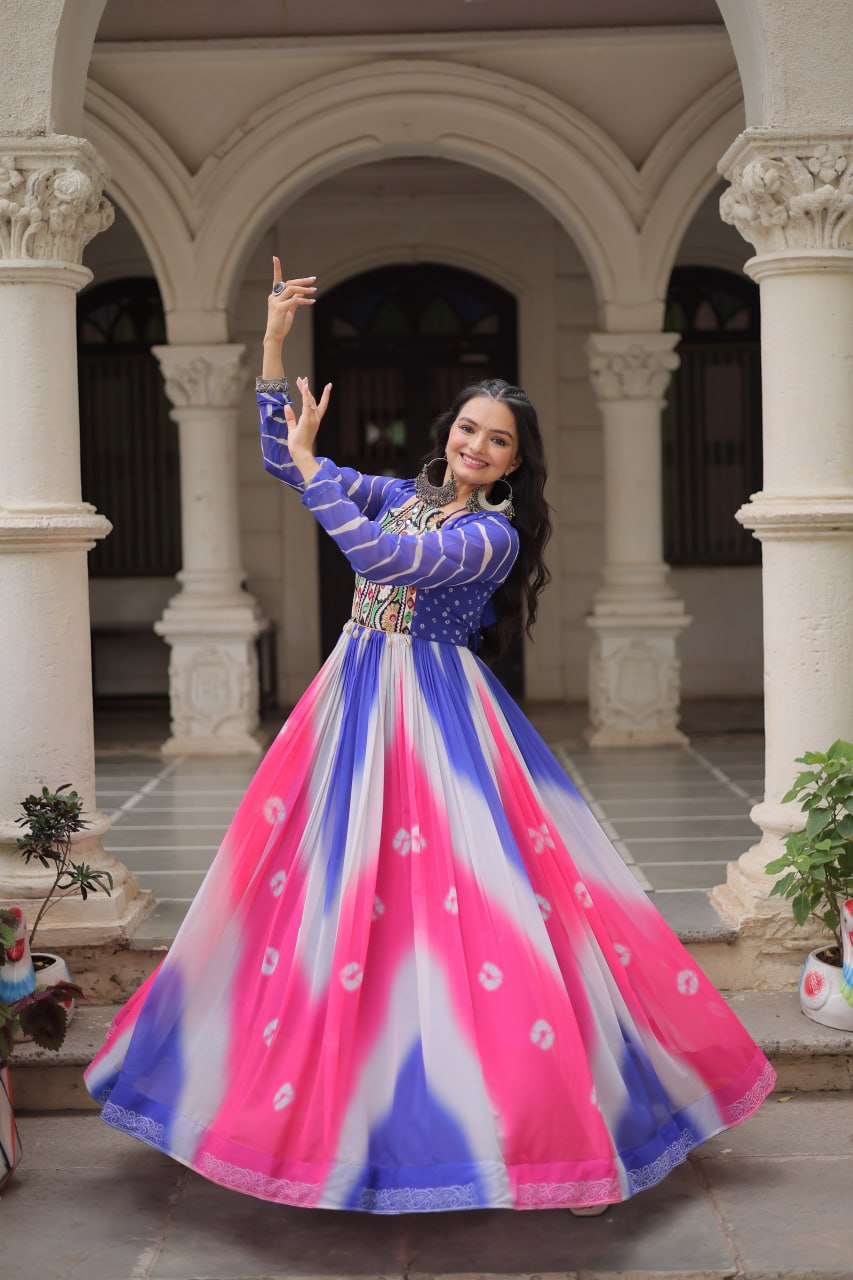 Blue Faux Georgette Bandhej Print Gown with Gamthi Embroidery & Mirror Work