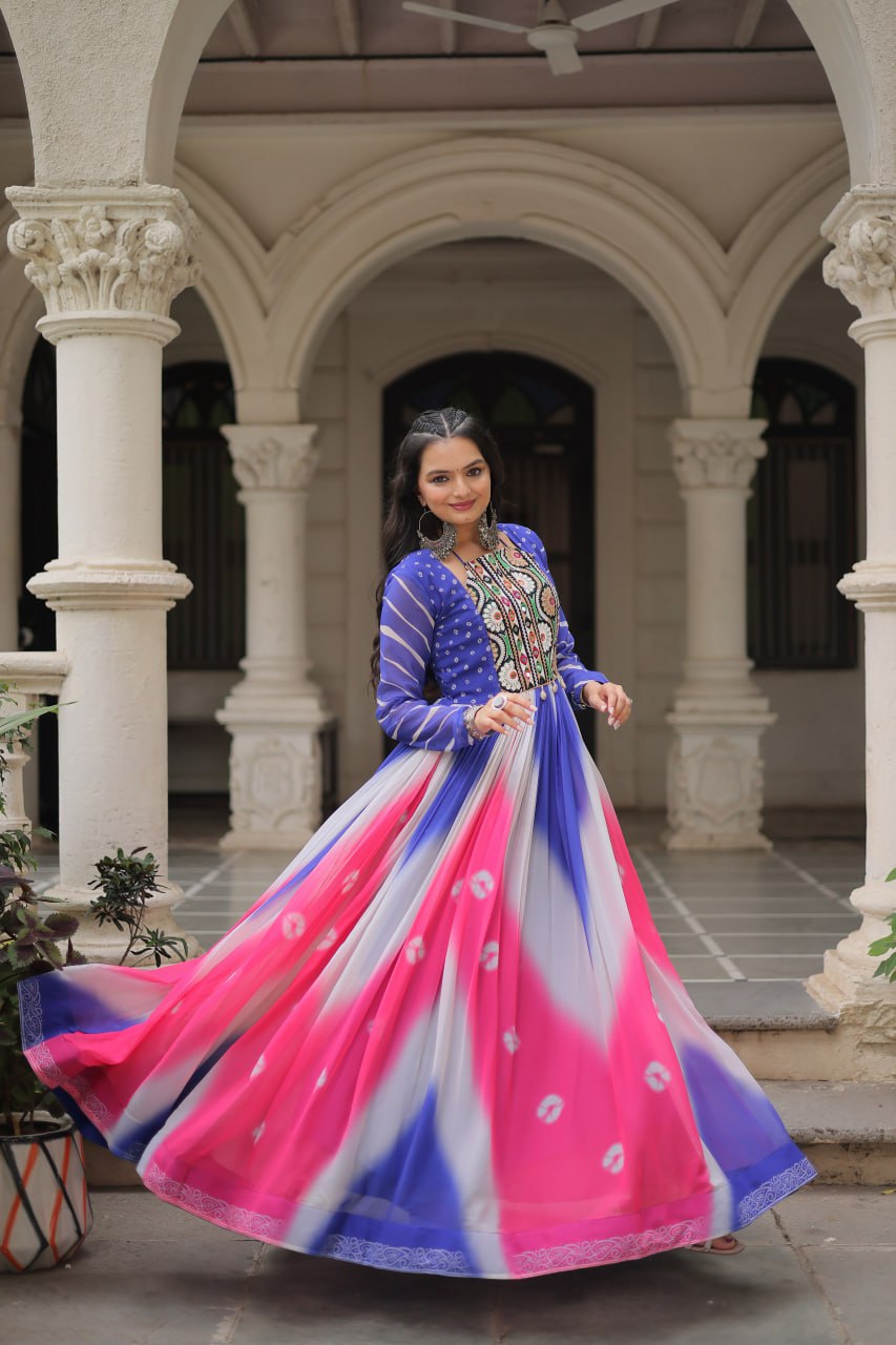 Blue Faux Georgette Bandhej Print Gown with Gamthi Embroidery & Mirror Work