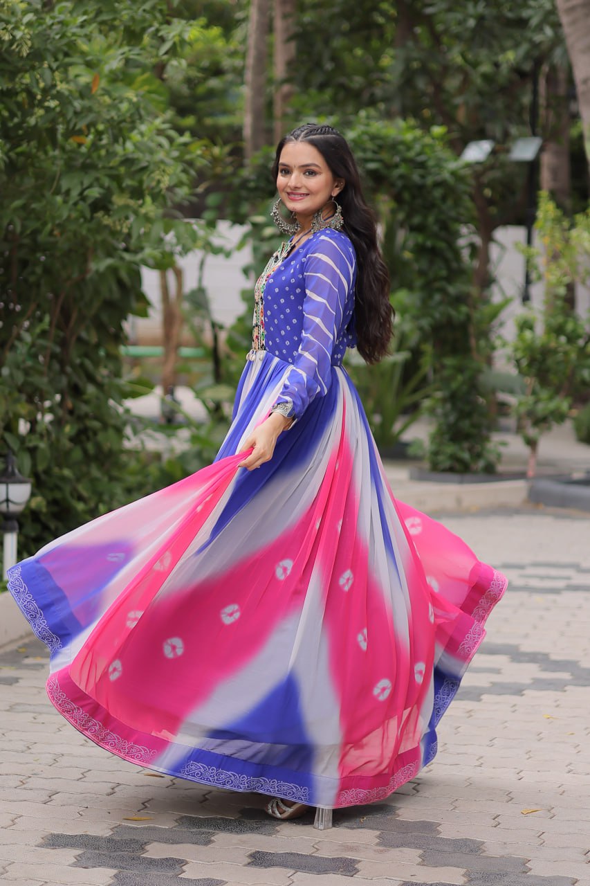 Blue Faux Georgette Bandhej Print Gown with Gamthi Embroidery & Mirror Work