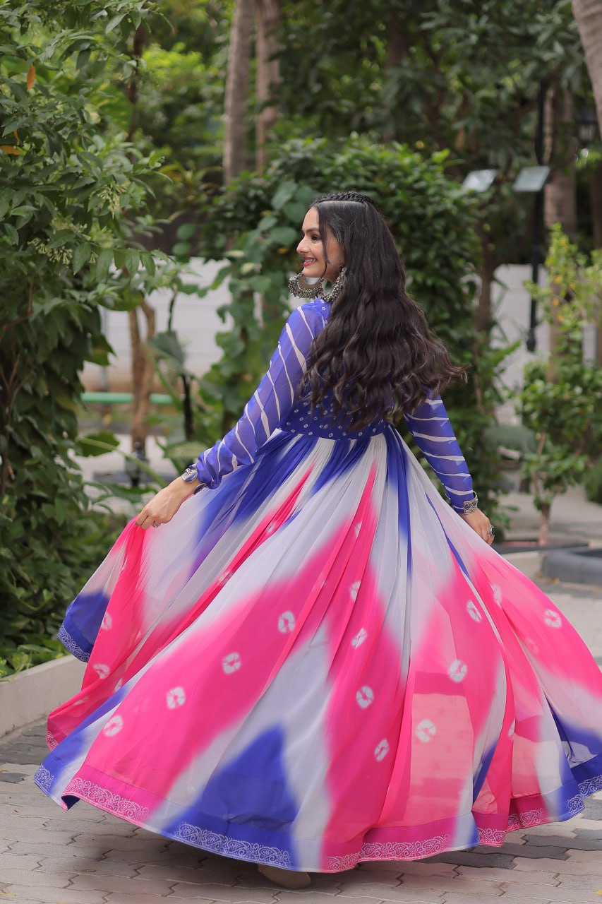 Blue Faux Georgette Bandhej Print Gown with Gamthi Embroidery & Mirror Work