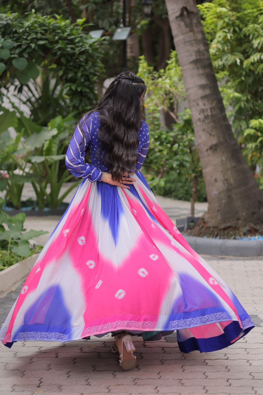 Blue Faux Georgette Bandhej Print Gown with Gamthi Embroidery & Mirror Work
