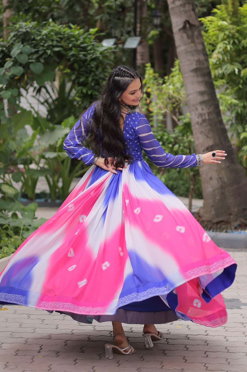 Blue Faux Georgette Bandhej Print Gown with Gamthi Embroidery & Mirror Work