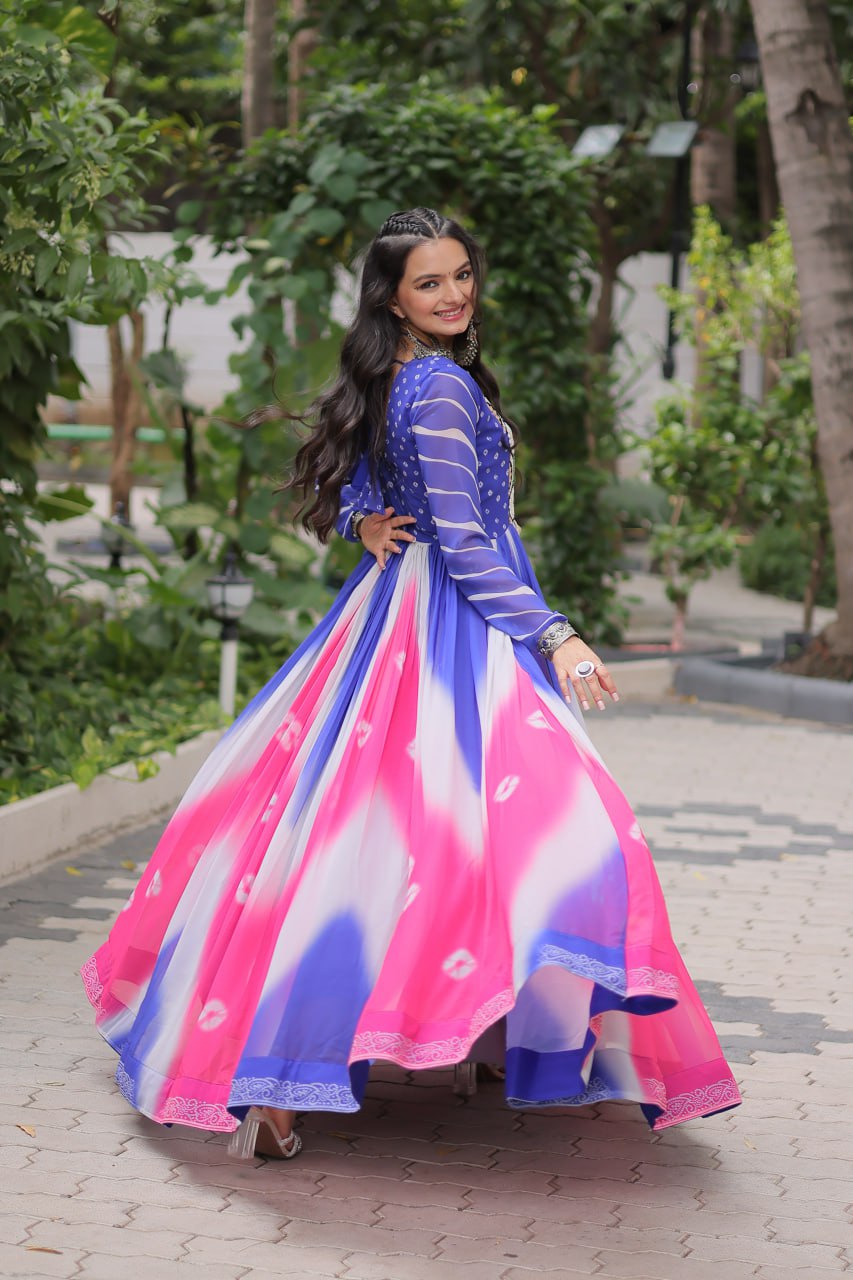 Blue Faux Georgette Bandhej Print Gown with Gamthi Embroidery & Mirror Work