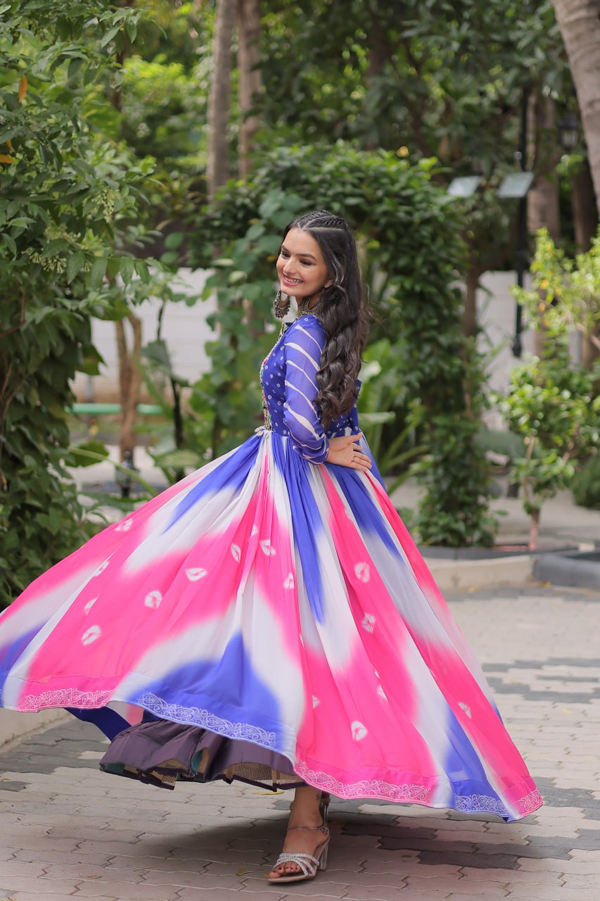 Blue Faux Georgette Bandhej Print Gown with Gamthi Embroidery & Mirror Work