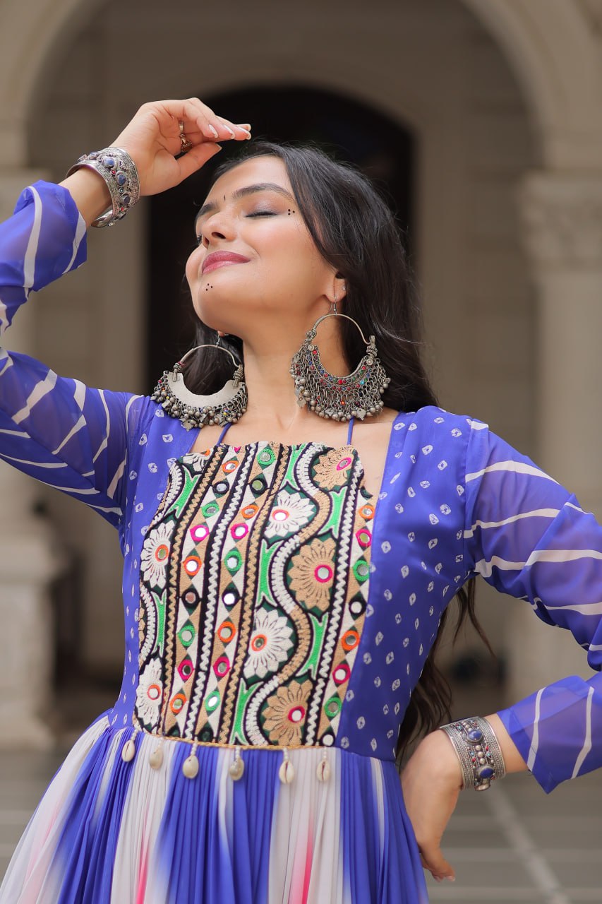 Blue Faux Georgette Bandhej Print Gown with Gamthi Embroidery & Mirror Work