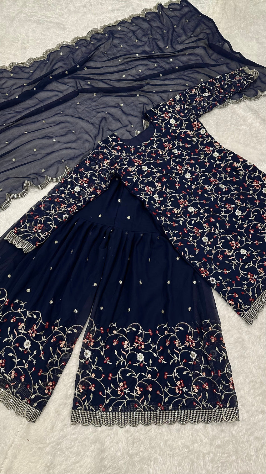 Blue Festive Georgette Sharara Set with Sequins, Thread & Zari Work