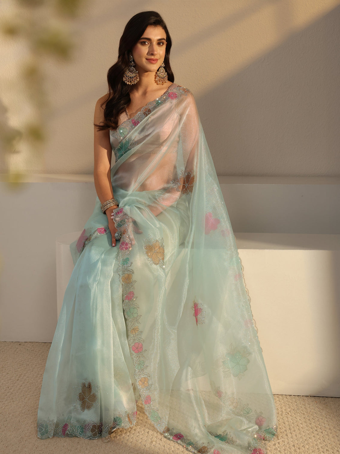 Mameraa Blue Floral Embellished Organza Saree With Unstitched Blouse Piece
