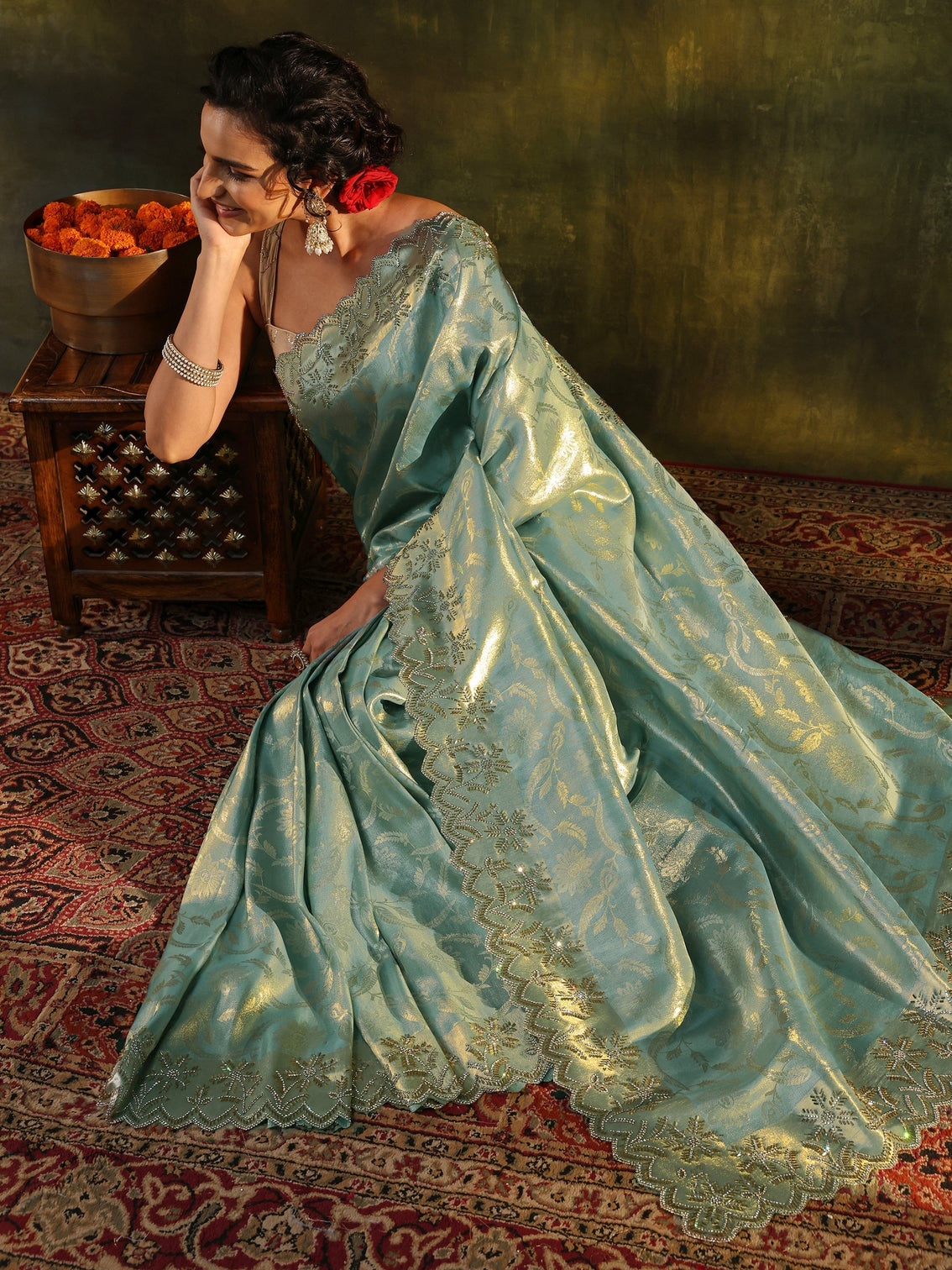 Mameraa Blue Floral Embellished Silk Saree With Unstitched Blouse Piece - Mameraa