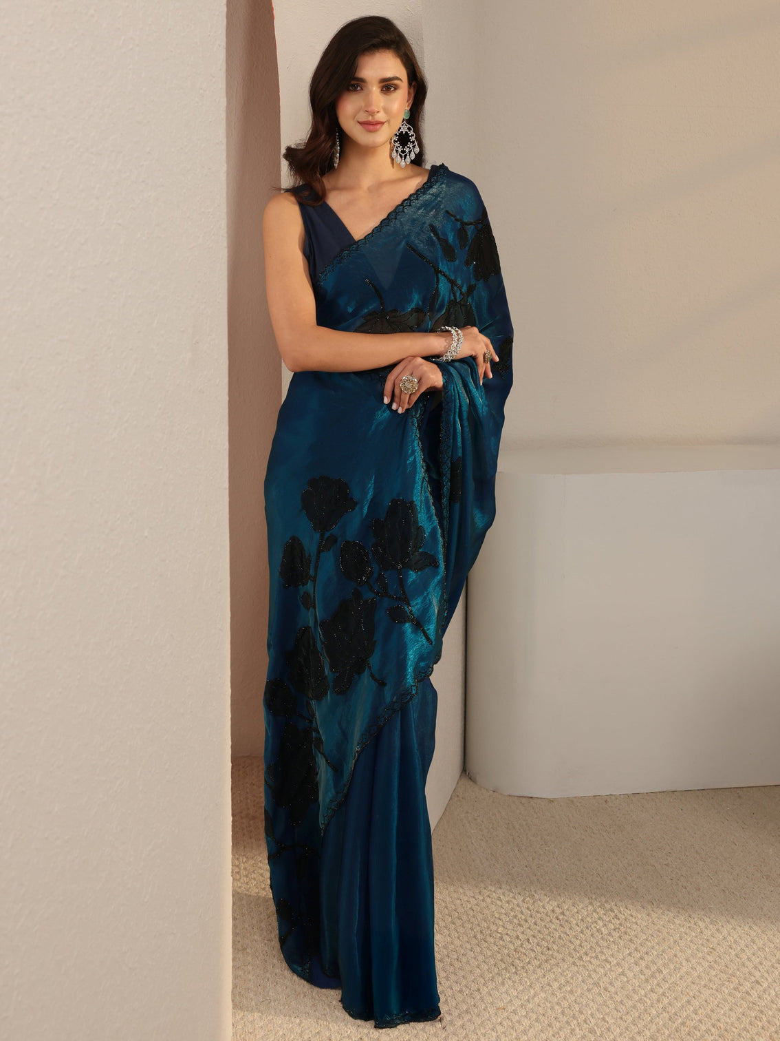 Mameraa Blue Floral Embellished Tissue Saree With Unstitched Blouse Piece