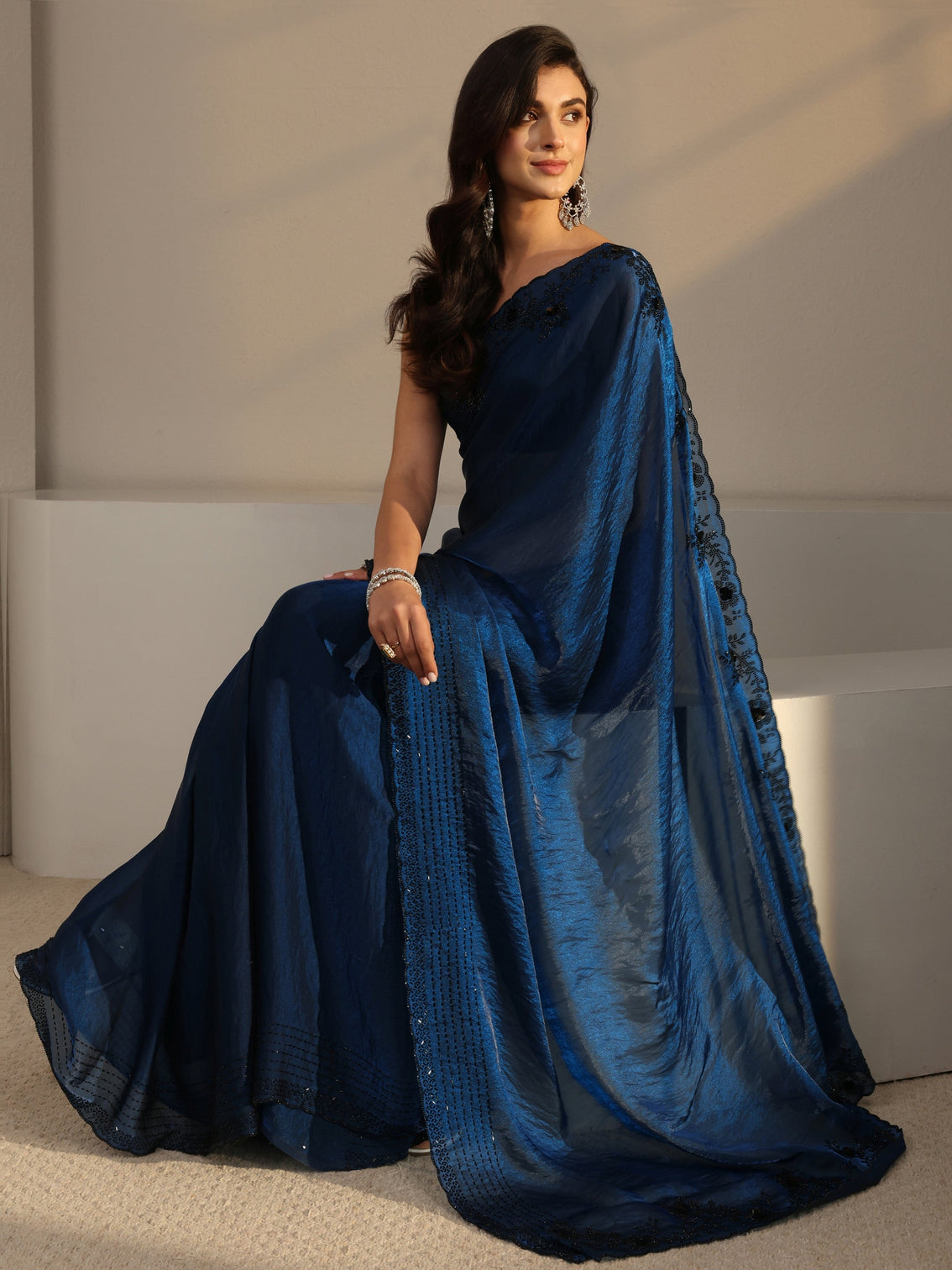 Mameraa Blue Floral Embellished Tissue Saree With Unstitched Blouse Piece