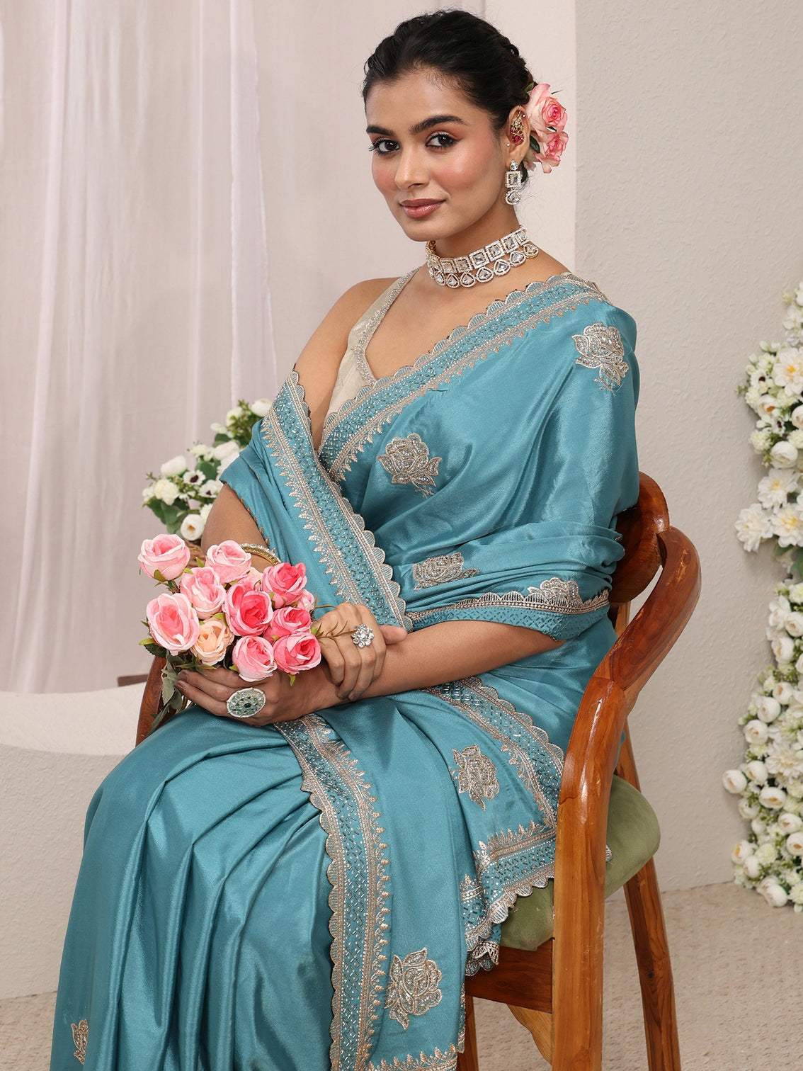 Mameraa Blue Floral Embroidered Satin Saree With Unstitched Blouse Piece