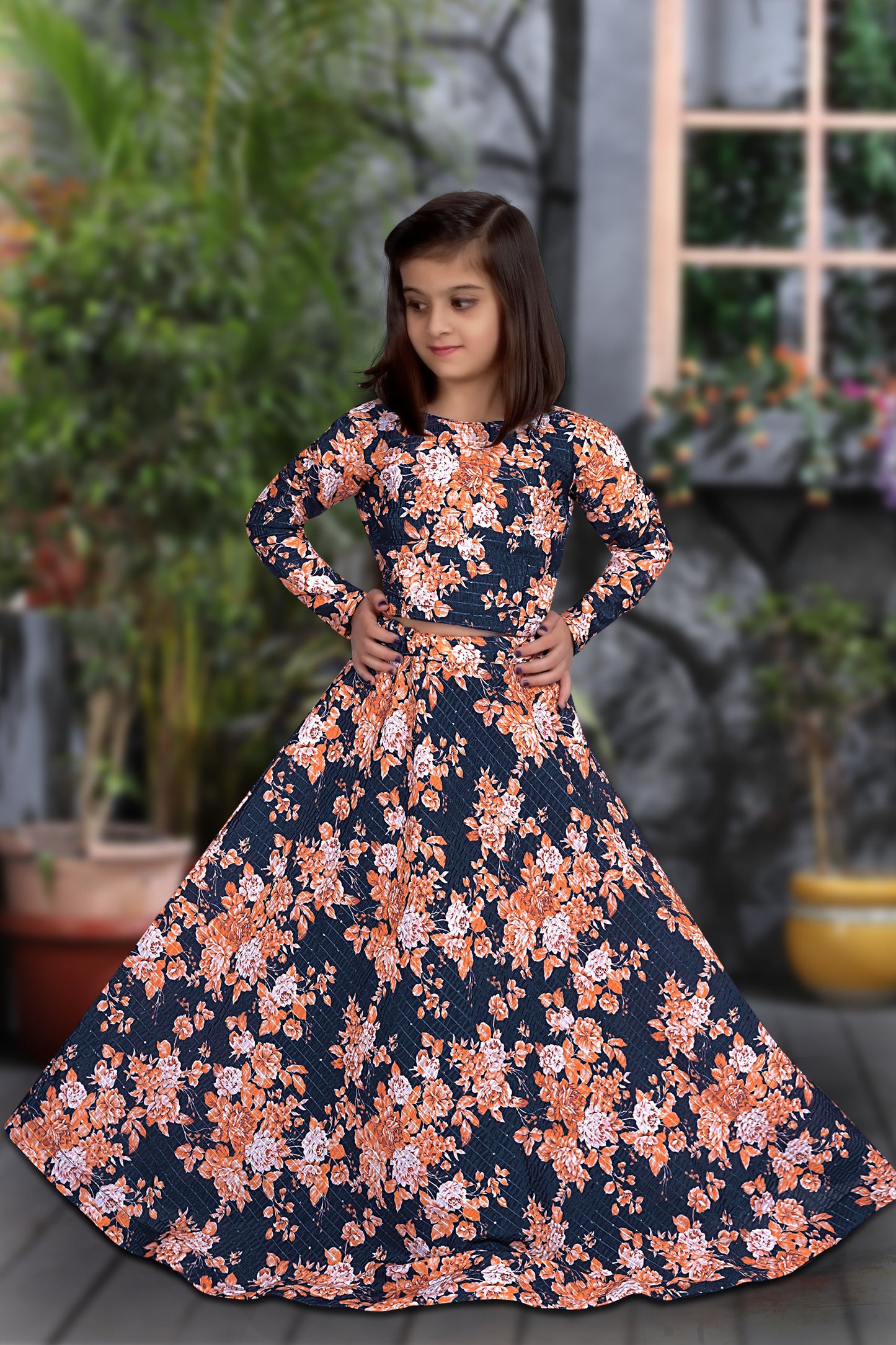 Blue Floral Printed Designer Kids Lehenga Choli Set