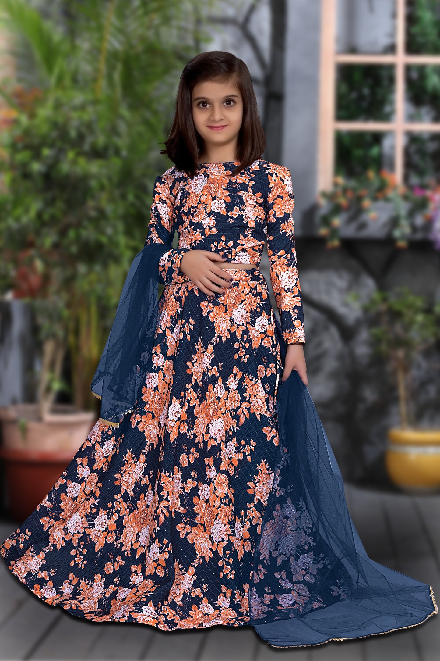 Blue Floral Printed Designer Kids Lehenga Choli Set