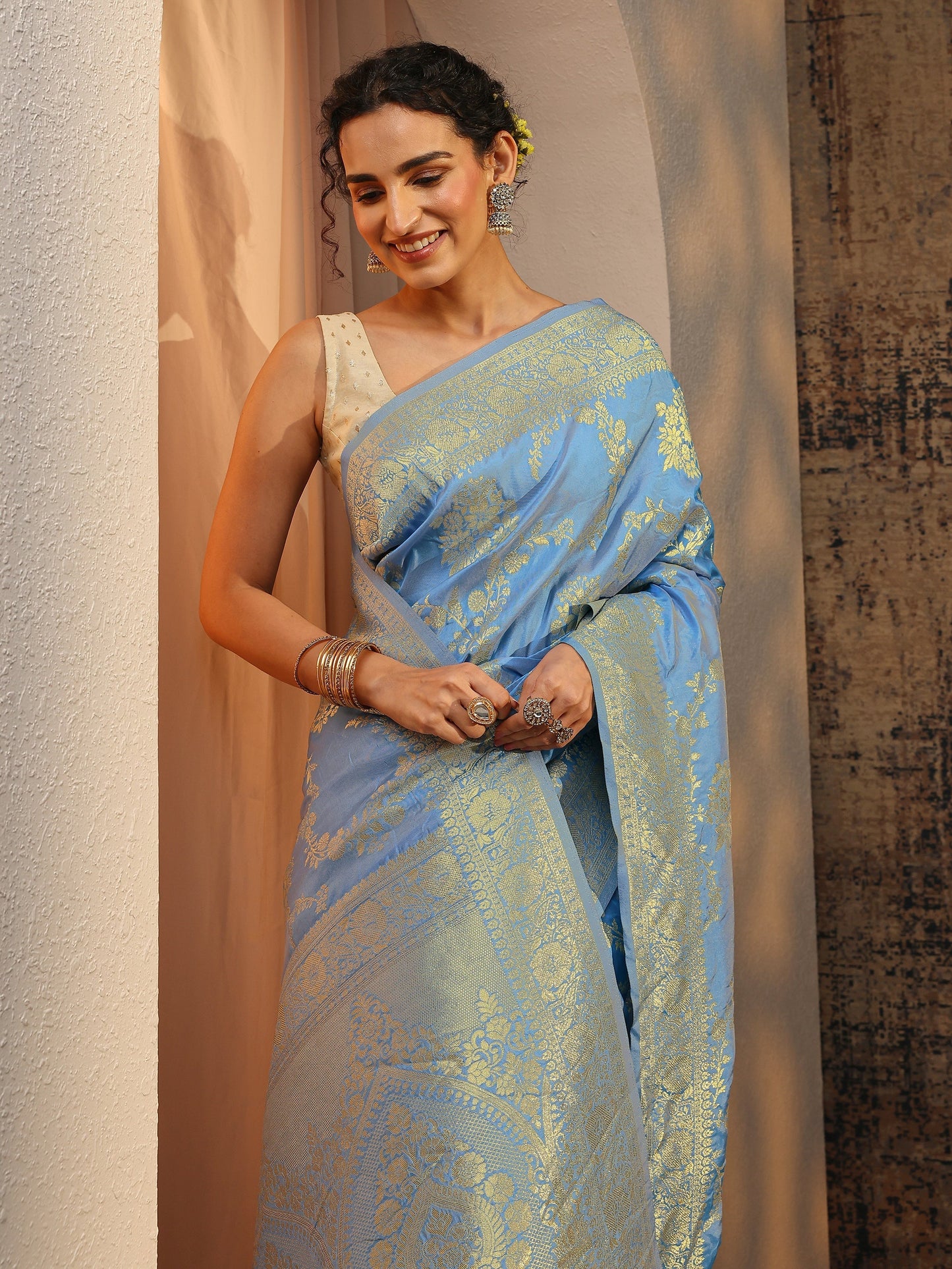 Libas Blue Floral Woven Design Silk Blend Saree With Unstitched Blouse Piece