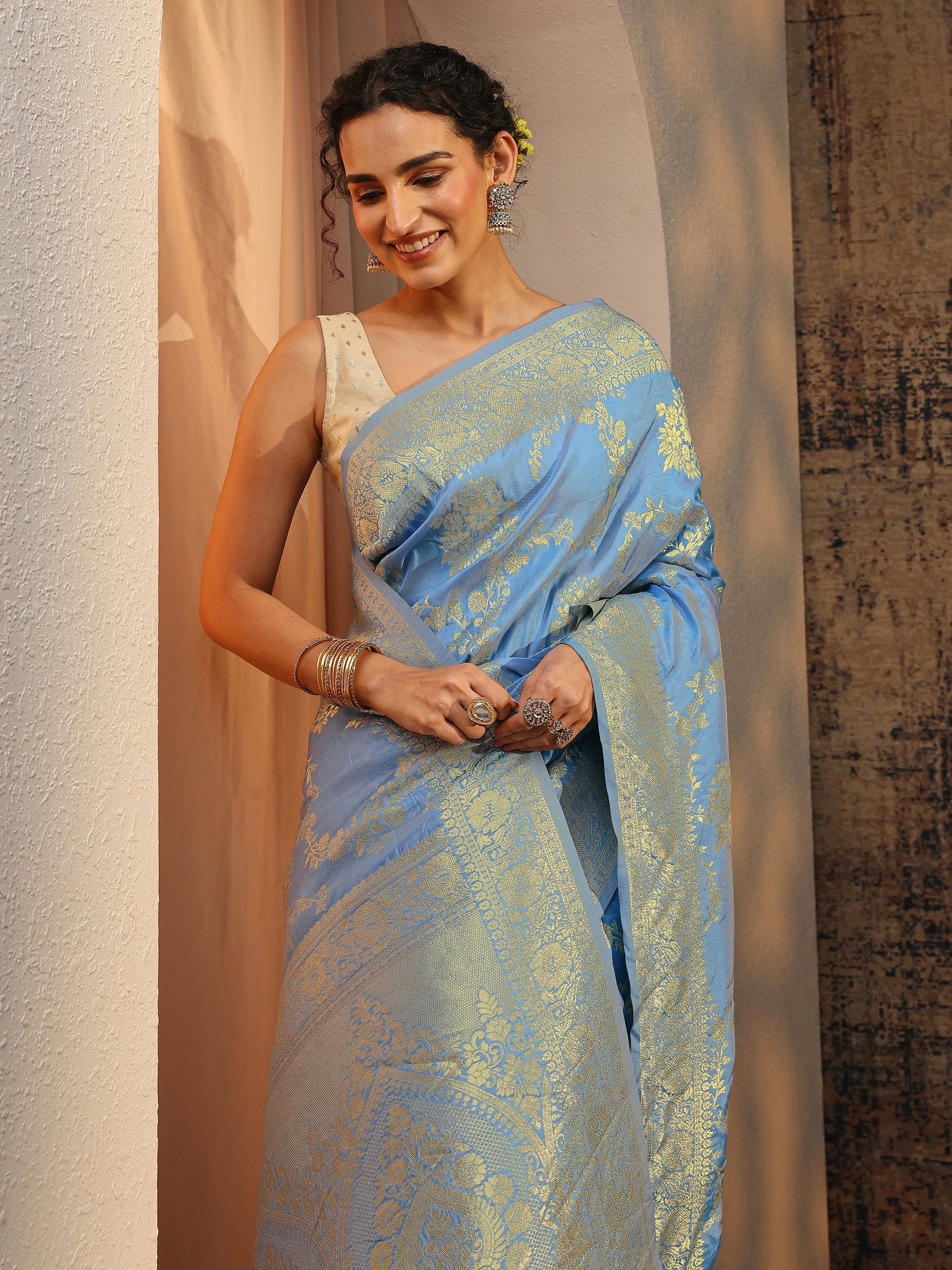 Libas Blue Floral Woven Design Silk Blend Saree With Unstitched Blouse Piece