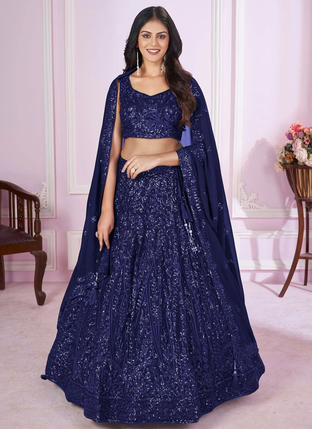 Elegant blue georgette bridesmaid lehenga with sequins embroidery work