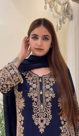 Blue Georgette Embroidered Kurta Palazzo Set
