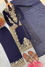 Blue Georgette Embroidered Kurta Palazzo Set